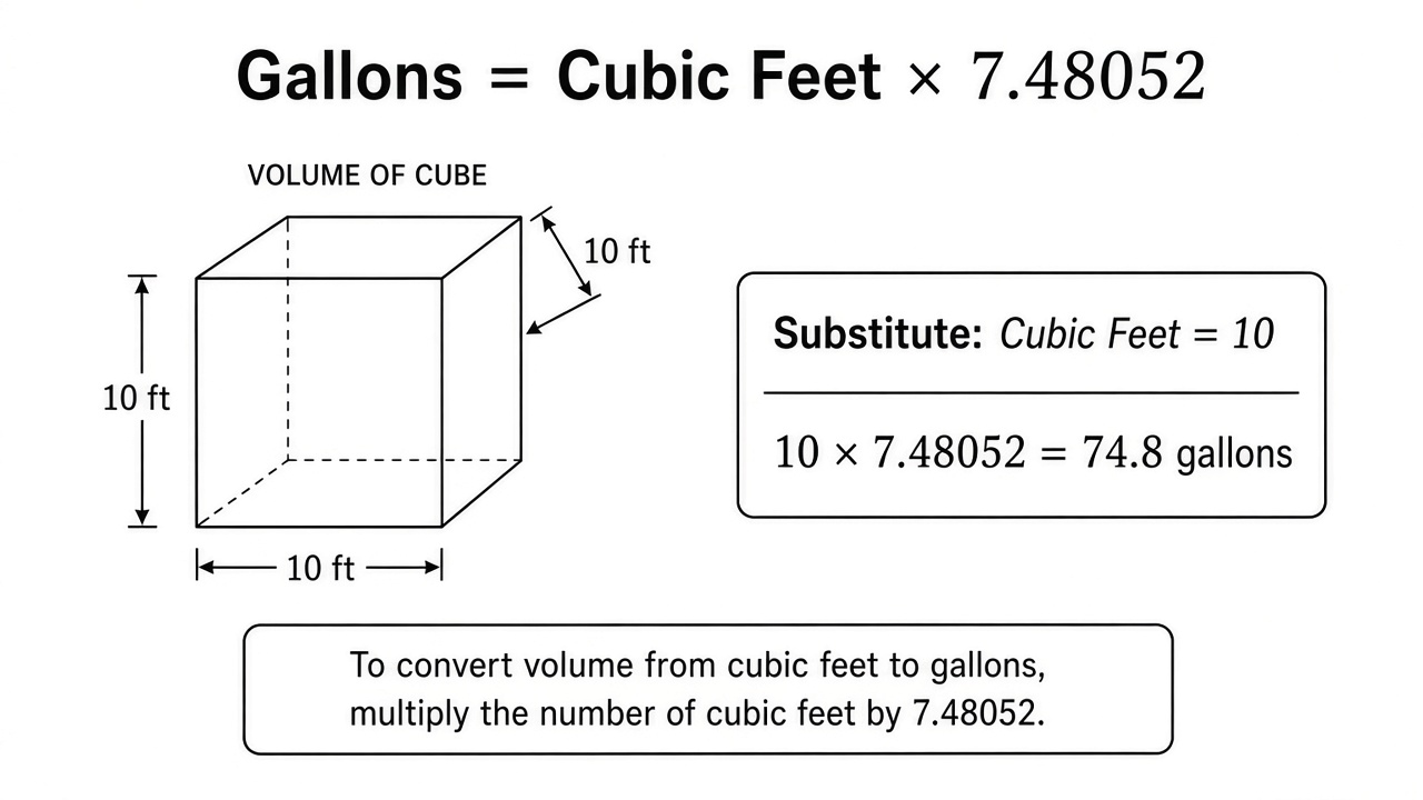 Diagram of Gallons = Cubic Feet × 7.48052 with worked example 10 × 7.48052 = 74.8 gallons