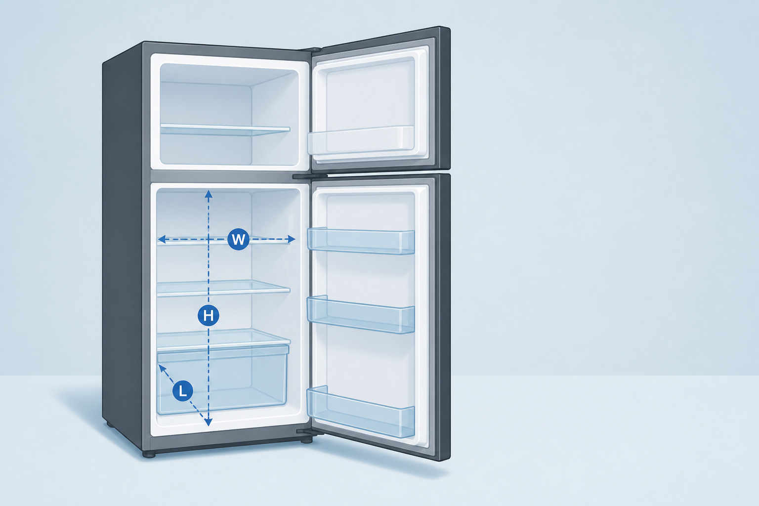 Open refrigerator with interior length, width, and height marked by a measuring tape