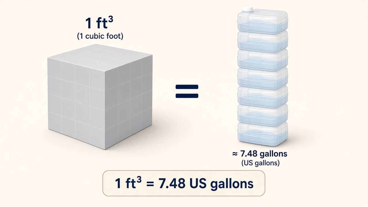 One cubic foot cube equals 7.48 US gallons shown with jugs