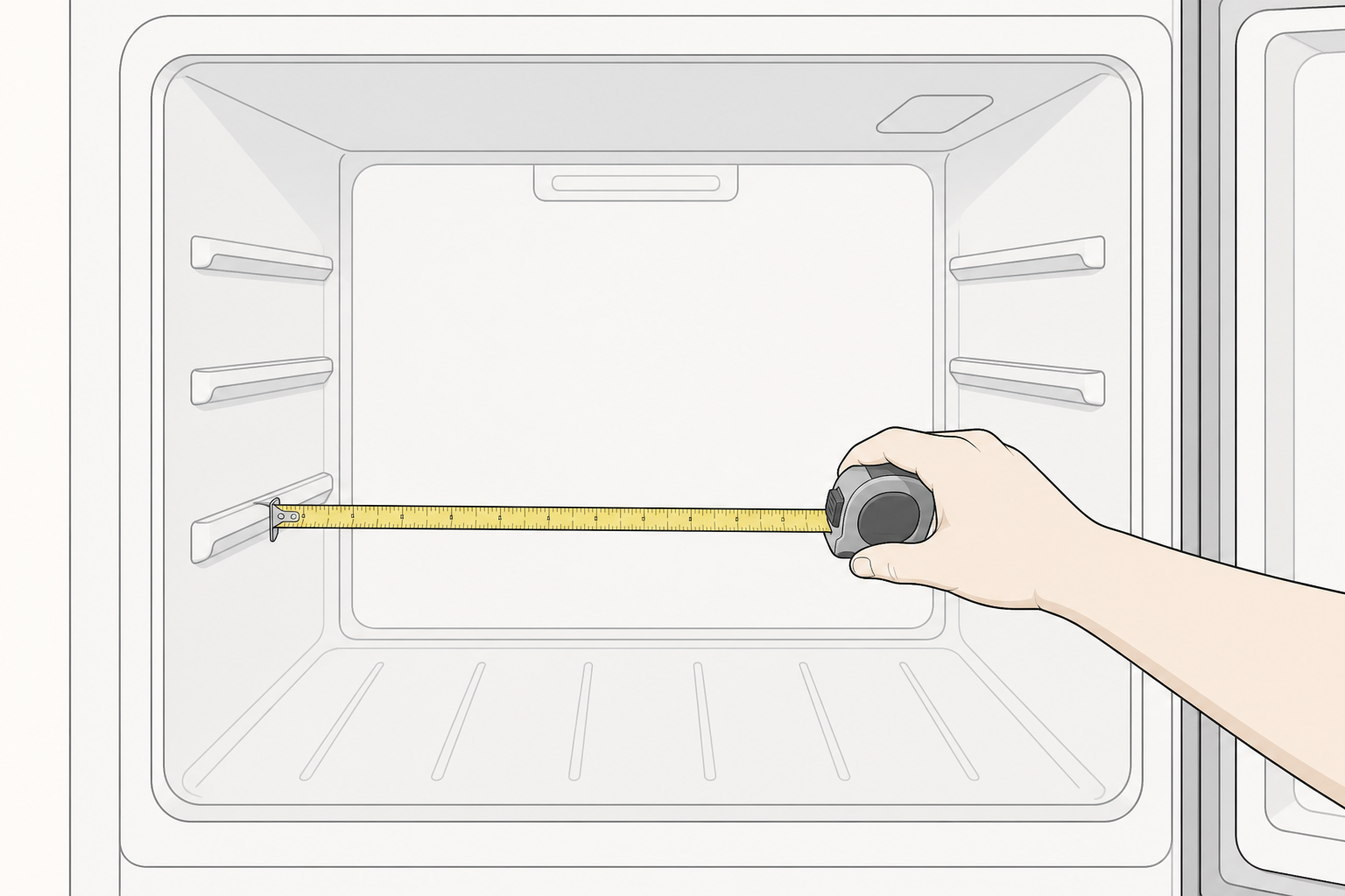 Hand measuring the empty refrigerator interior depth with a tape measure