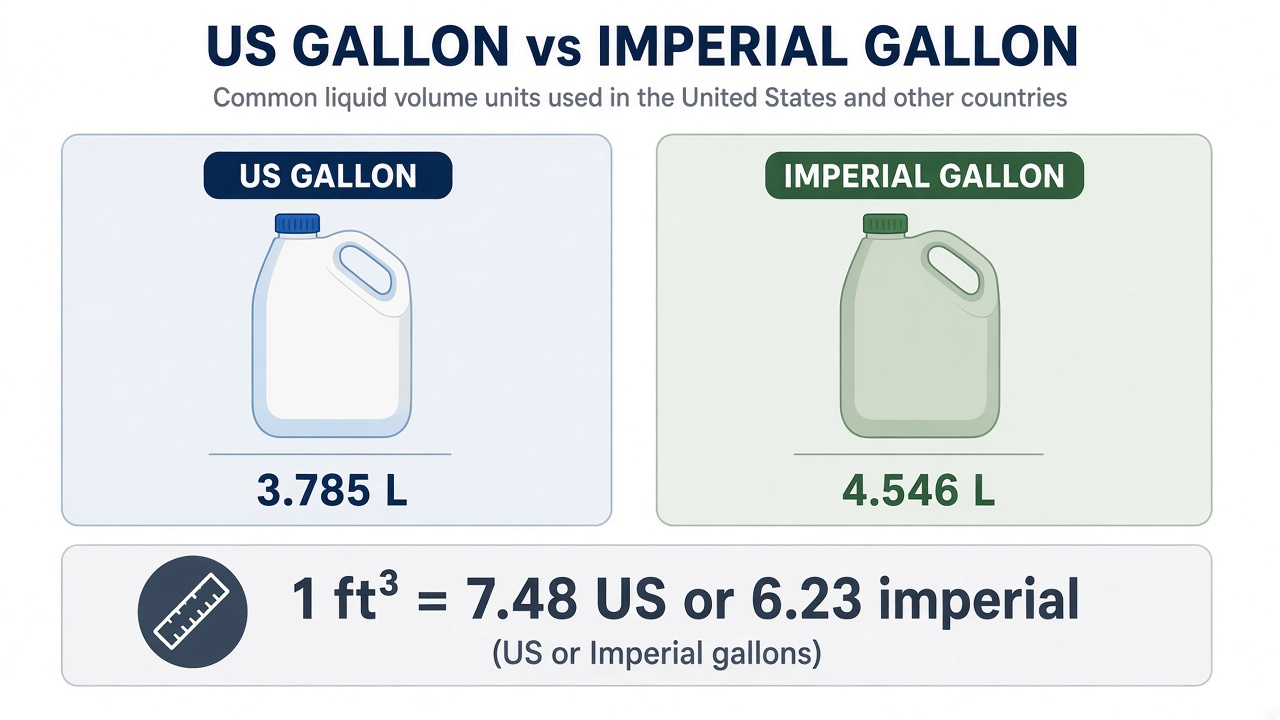 US gallon jug and imperial gallon jug side by side with cubic foot conversion factors